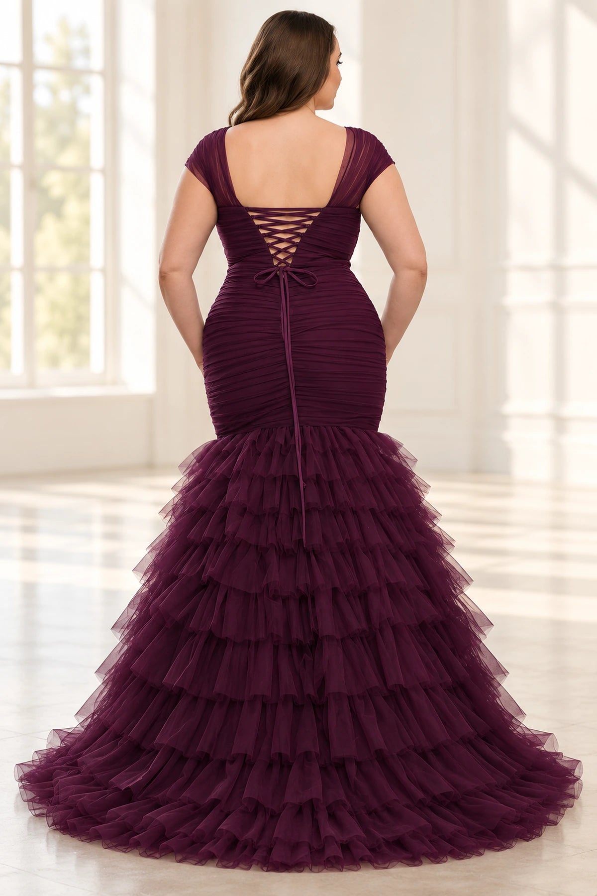 Plus Size Elegant Tulle Mermaid V-Neck Cap-Sleeve Lace-Up Floor-Length Evening Dress