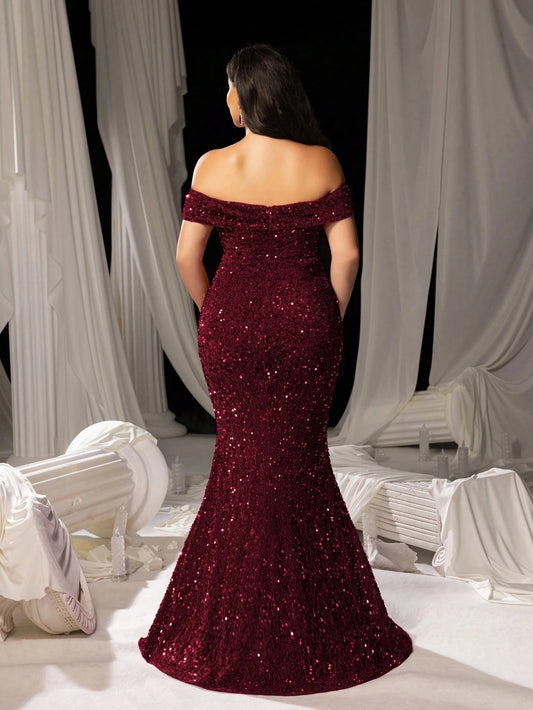 Burgundy sequin long prom dress with off shoulder back, fitted silhouette and concealed zipper closure