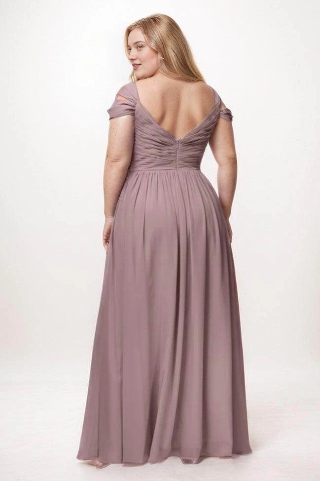 Back view of Roselledress mauve bridesmaid dress with a V-shaped back, gathered bodice, center zipper and flowing long skirt.