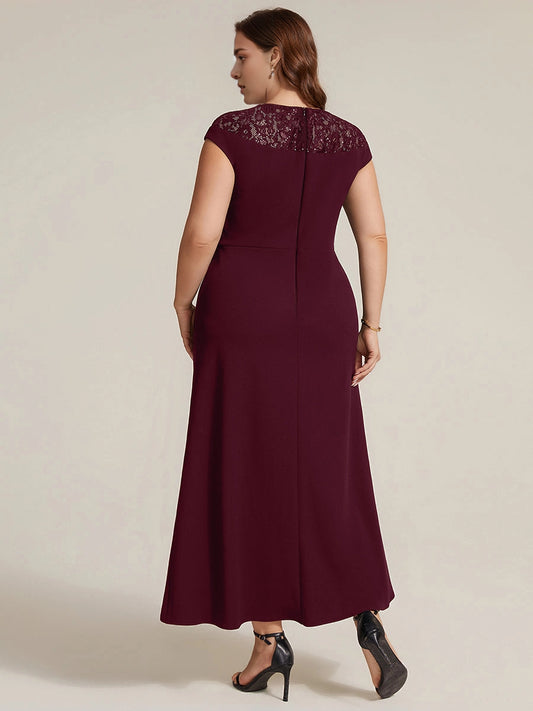 Roselledress plus size crepe formal dress full vertical zipper back burgundy high low evening gown rear shot