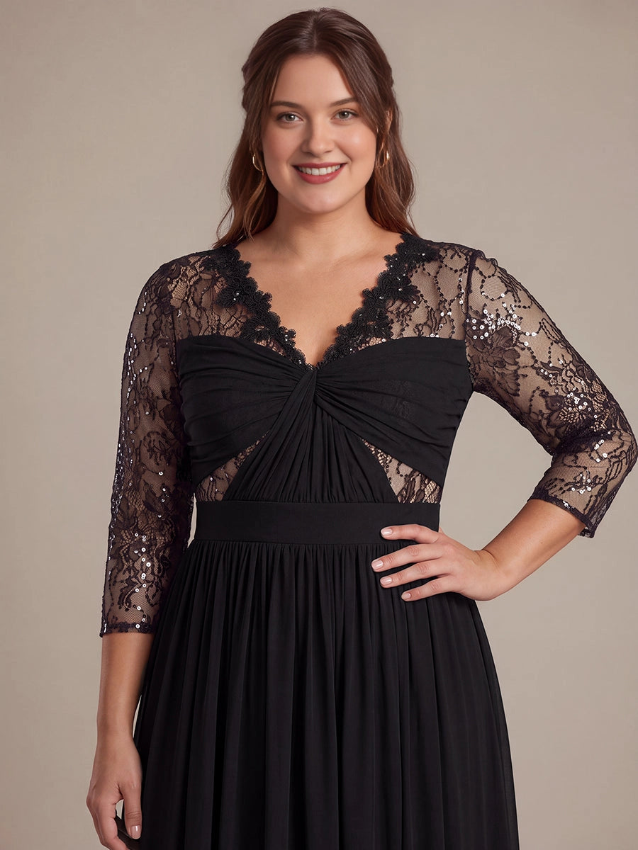 Plus Size Sequin Lace V-Neck 3/4 Sleeve Empire Long Mother of Bride Dress