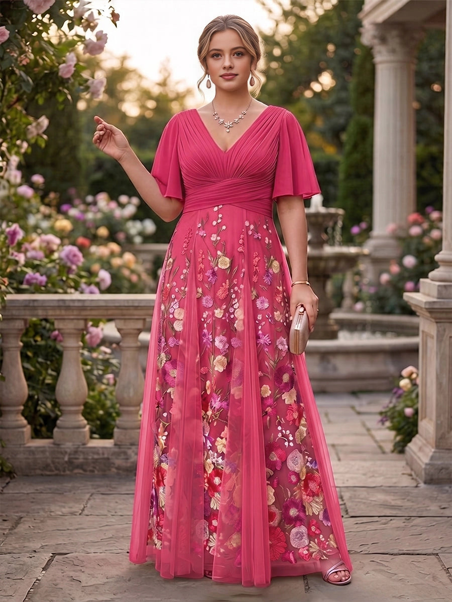 Dreamy Plus Size A-Line V-Neck Flutter-Sleeve V-Back Floor-Length Mother Of Bride Dress
