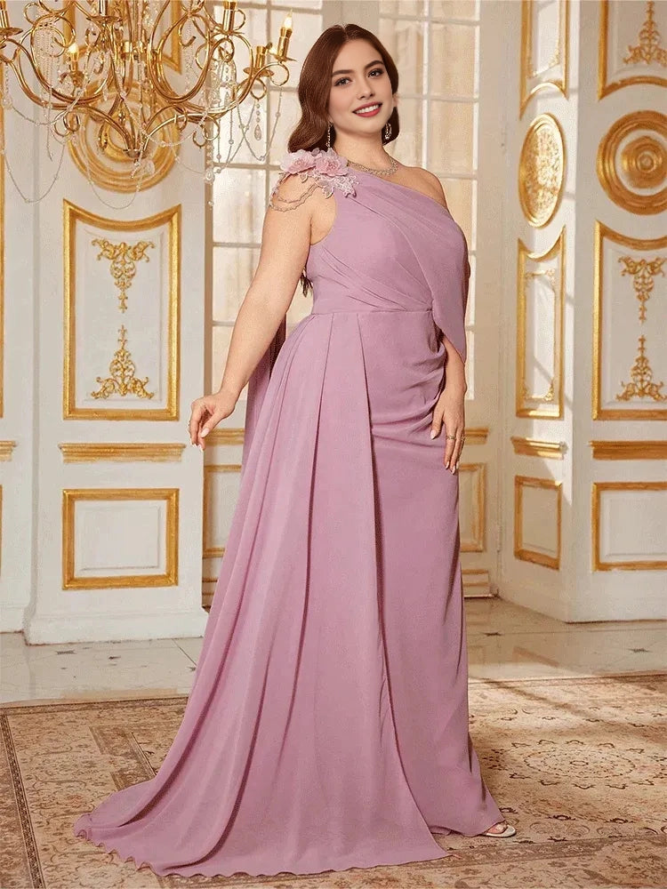 Gorgeous Mermaid One‑Shoulder Draped‑Sleeve Open‑Back Floor‑Length Plus Size Mother Of The Bride Dress