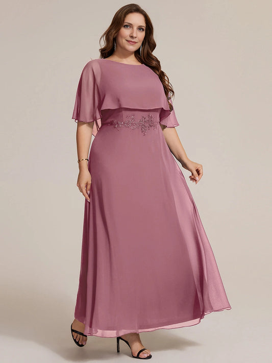 Elegant Plus Size A-Line Boat-Neck Cape-Sleeve Square-Back Maxi Mother of Bride Dress