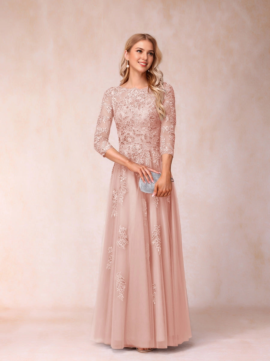 Graceful A Line Round 3/4 Sleeve Illusion V Back Lace Long Mother Of Bride Dress
