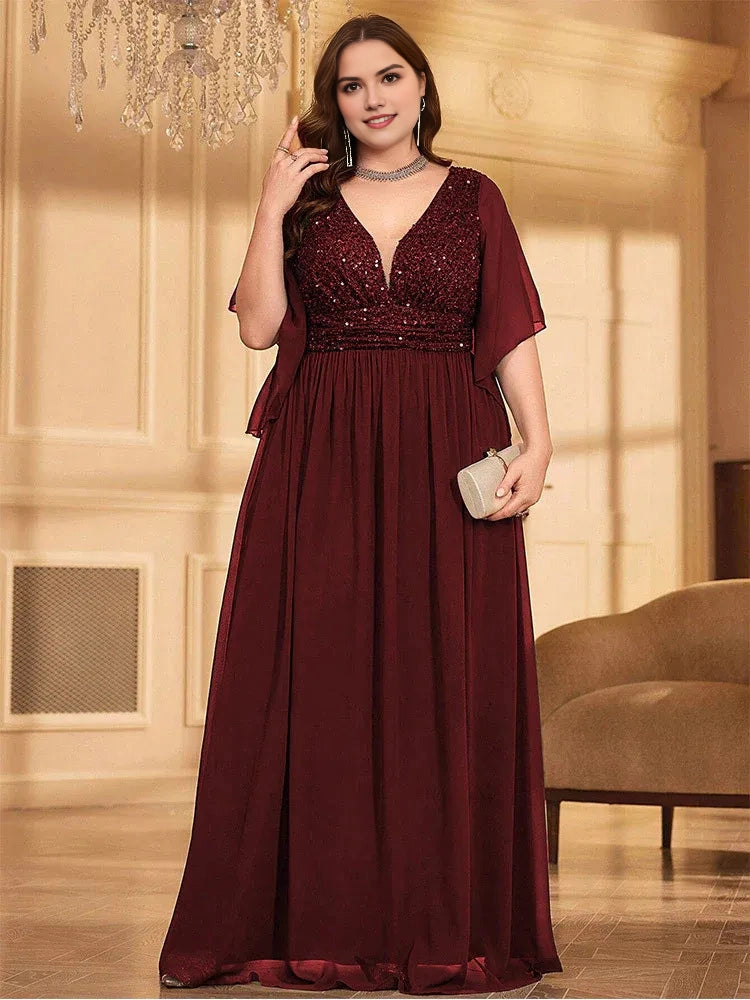 Luxurious A‑Line V‑Neck Flutter‑Sleeve V‑Back Floor‑Length Plus Size Wedding Guest Dress