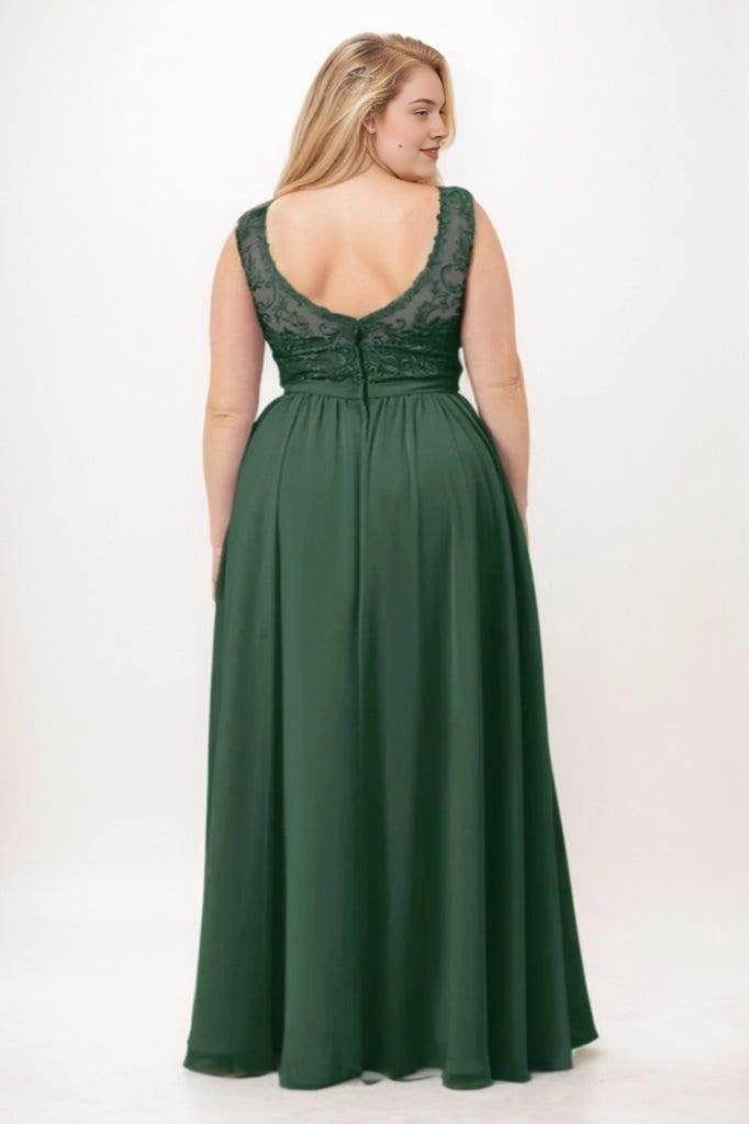 Dark green bridesmaid dress with a low scoop back, sheer floral lace shoulder panels, center-back zipper and floor-length skirt, back view.