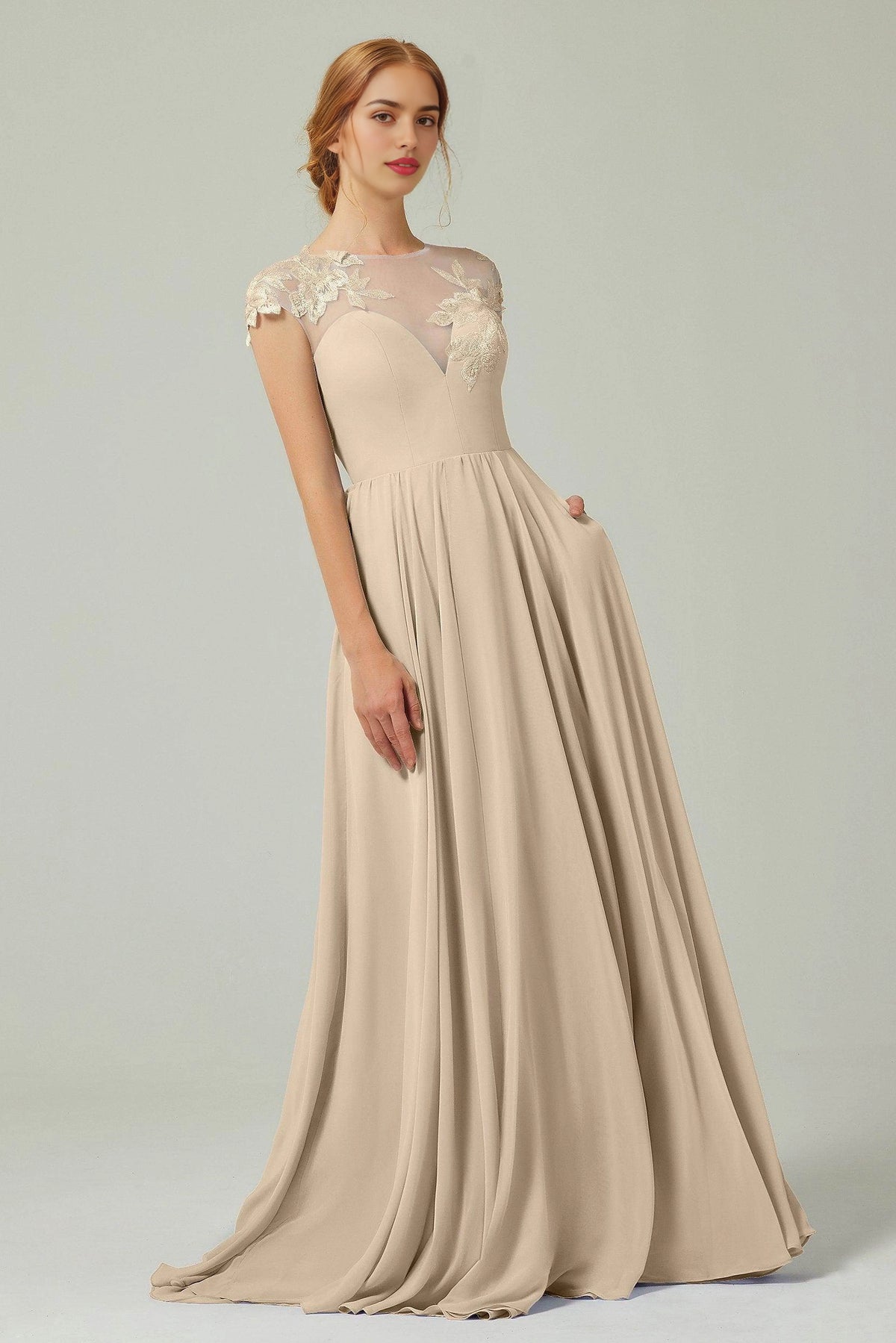 Plus Size Romantic A-Line Illusion Neck Cap Sleeve Button Back Long Bridesmaid Dress