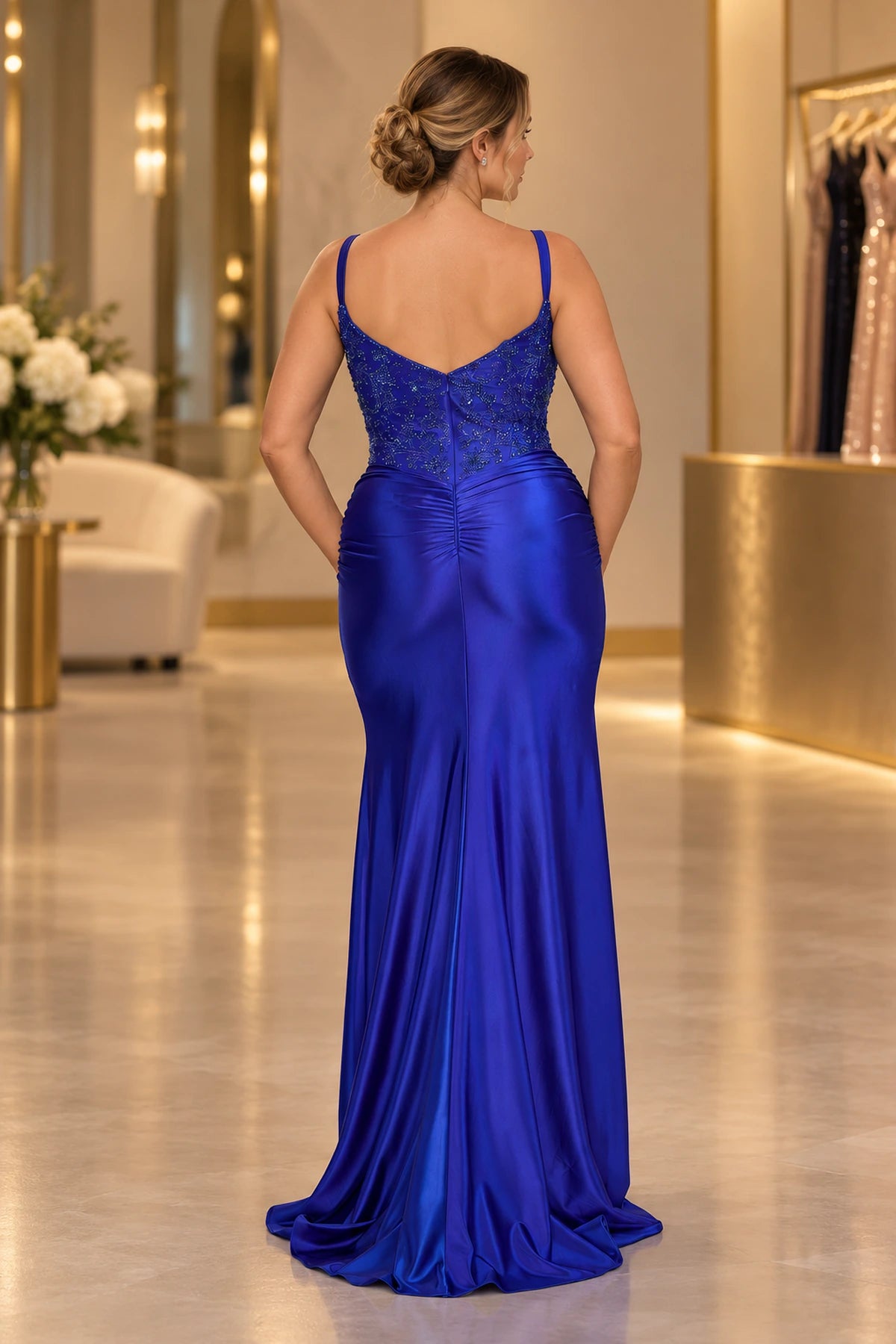Plus Size Glamorous Satin Sheath V-Neck Sleeveless Scoop-Back Floor-Length Prom Dress