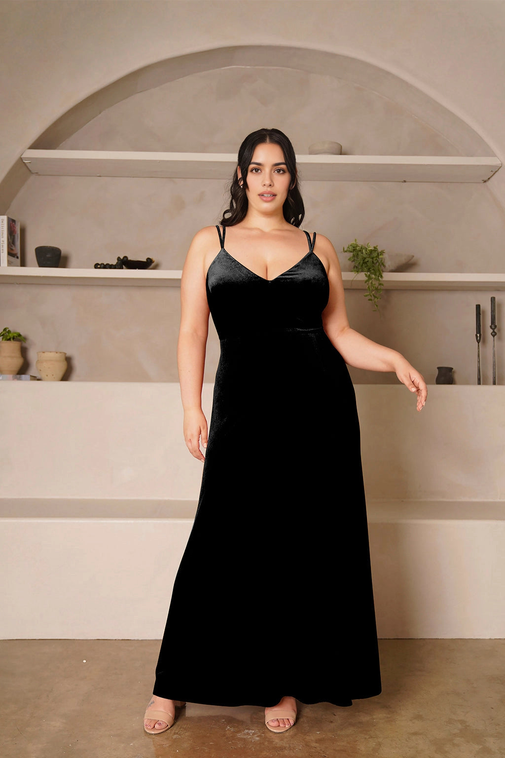 Elegant A-Line V-Neck Double Strap Zipper Back Long Plus Size Evening Dress