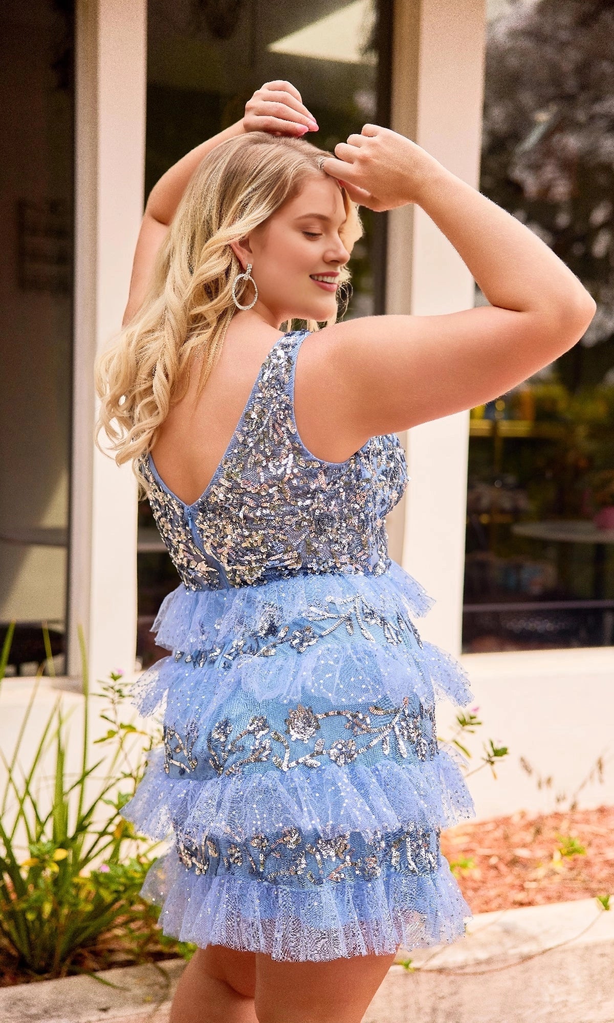 Sparkly Plus Size A-Line V-Neck Tiered Short Sequin Homecoming Dress