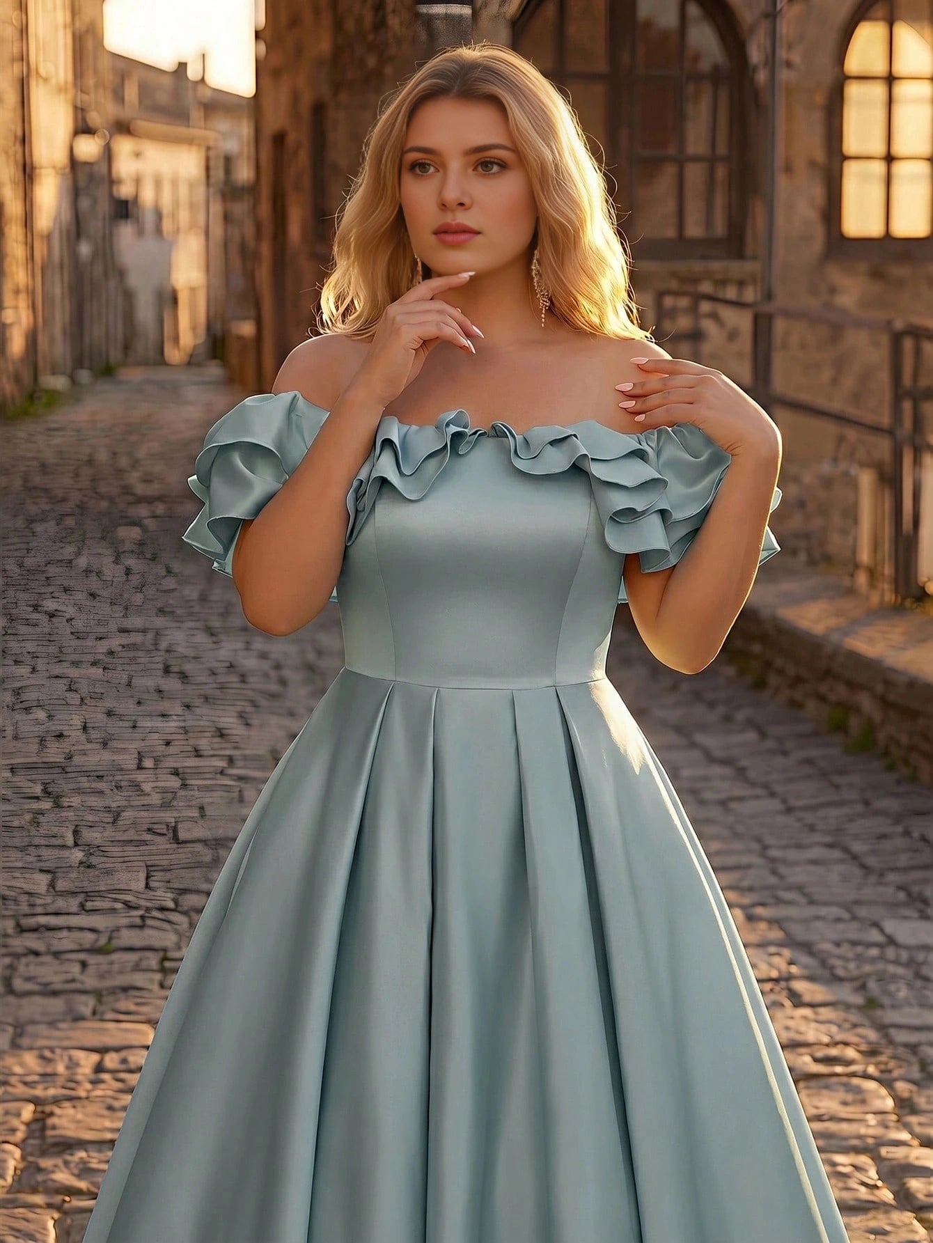 Plus Size Yellow A‑Line Off‑The‑Shoulder Ruffle‑Sleeve Corset‑Back Floor‑Length Prom Dress