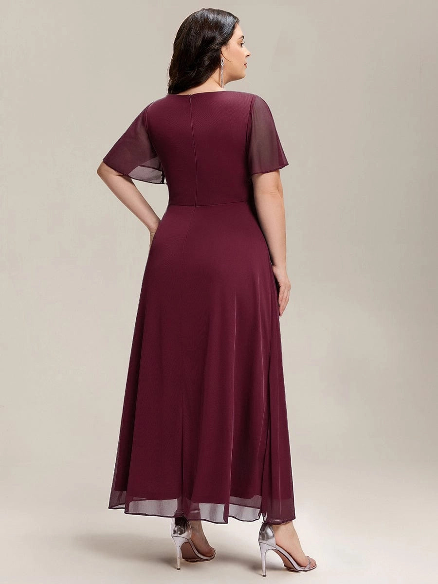 Plus Size Chiffon V-Neck Flutter Sleeve Rhinestone Brooch Slit Mother of Bride Dress