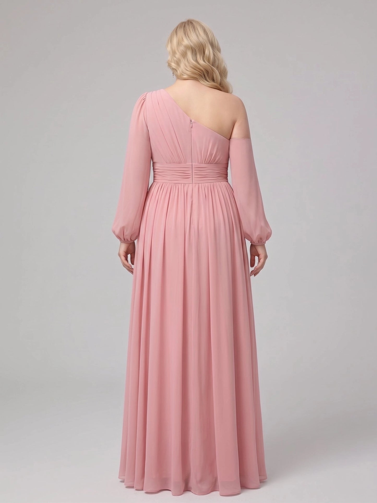 Graceful A-Line One Shoulder Long Sleeve Back Zipper Chiffon Plus Size Bridesmaid Maxi Dress