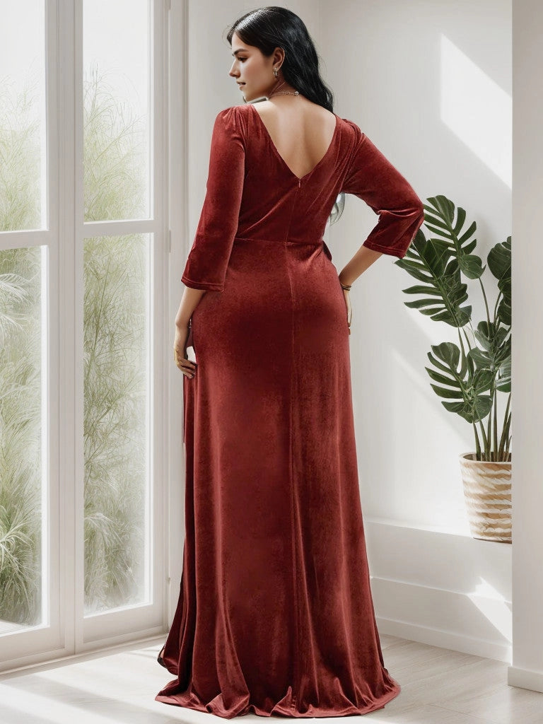 Gorgeous A‑Line V‑Neck 3/4‑Sleeve V‑Back Floor‑Length Plus Size Mother Of Bride Dress