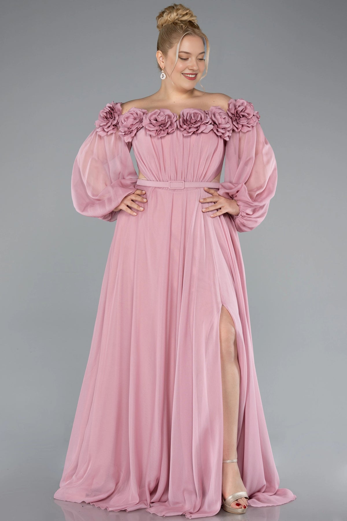 Elegant A-Line Square-Neck Sheer-Sleeve Zipper-Back Floor-Length Plus Size Wedding Guest Dress