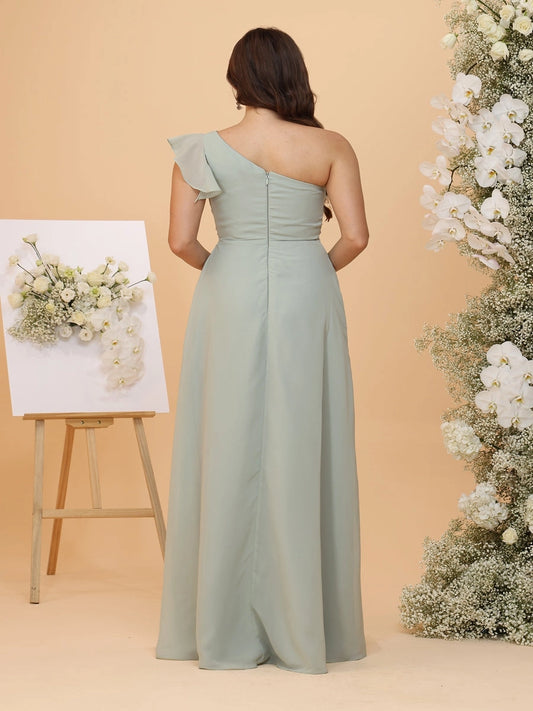 RoselleDress sage green plus size bridesmaid dress one shoulder ruffle zipper back floor length bridesmaid gown back view