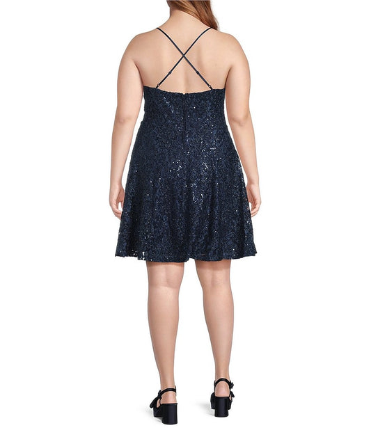 Plus size navy sequin lace homecoming dress with crisscross thin straps and center back zipper