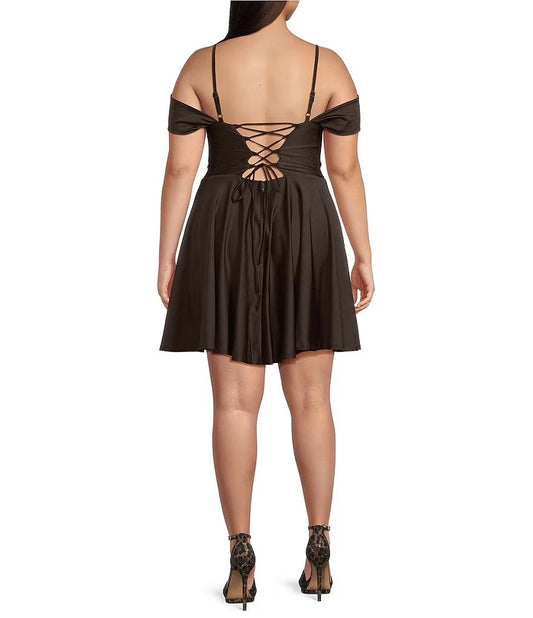 Plus size brown satin homecoming dress featuring crisscross lace-up open back