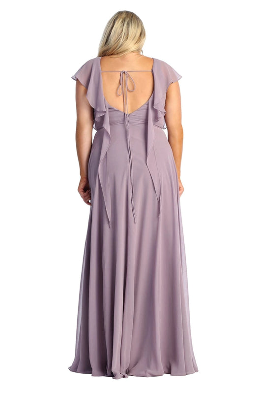 Lavender mother of the bride dress with open back tie detail and maxi skirt