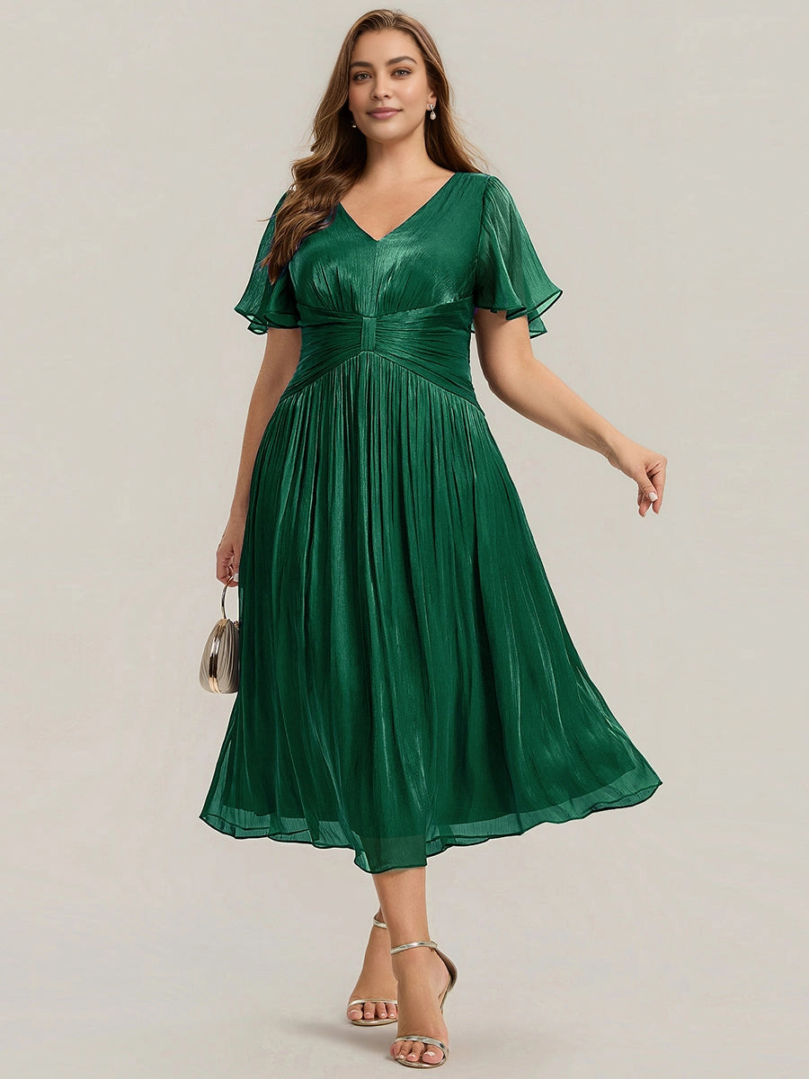Sage Shimmer Chiffon Flutter Sleeve Midi Plus Size Wedding Guest Dress