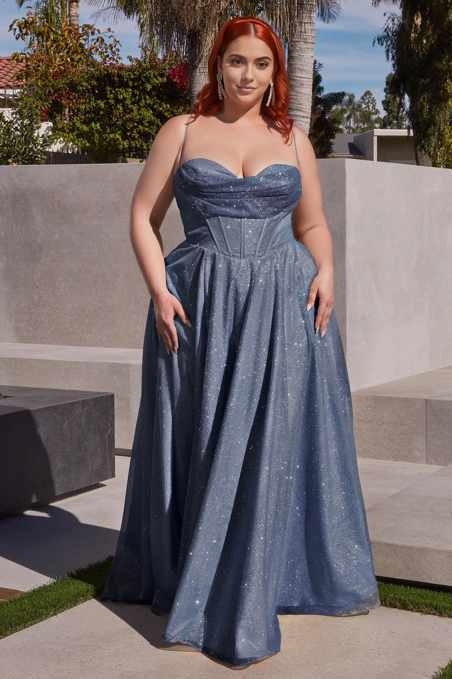 Roselledress Sparkly A-Line Cowl Spaghetti-Strap Zip-Back Floor-Length Plus Size Glitter Prom Dress