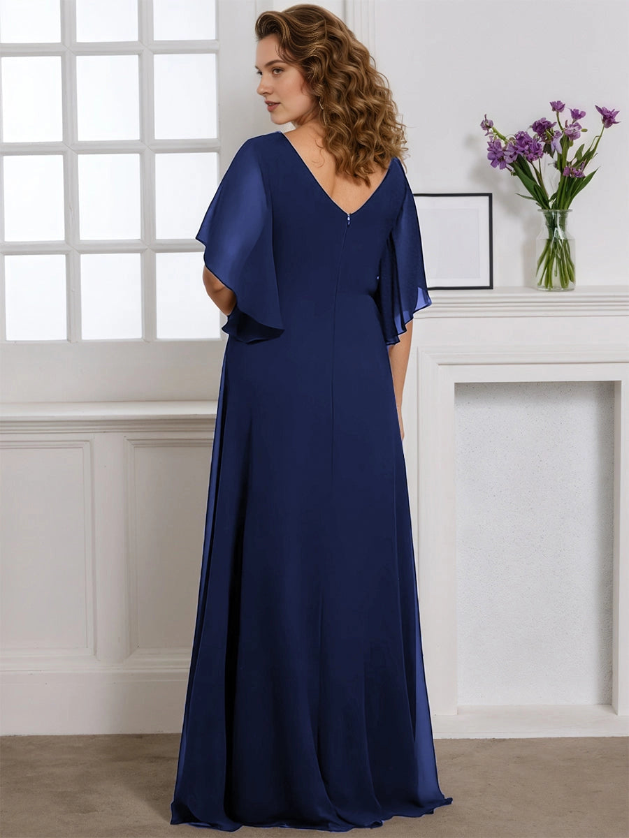 Graceful A‑Line V‑Neck Flutter‑Sleeve V‑Back Floor‑Length Plus Size Mother Of The Bride Dress