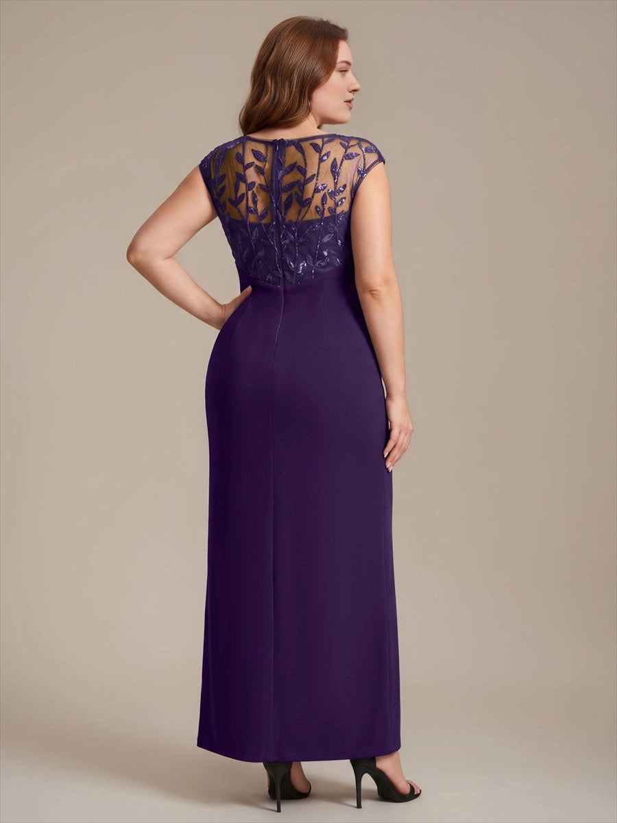 Elegant Sheath Bateau Neck Cap Sleeve Sheer Back Floor-Length Mother of the Bride Dress