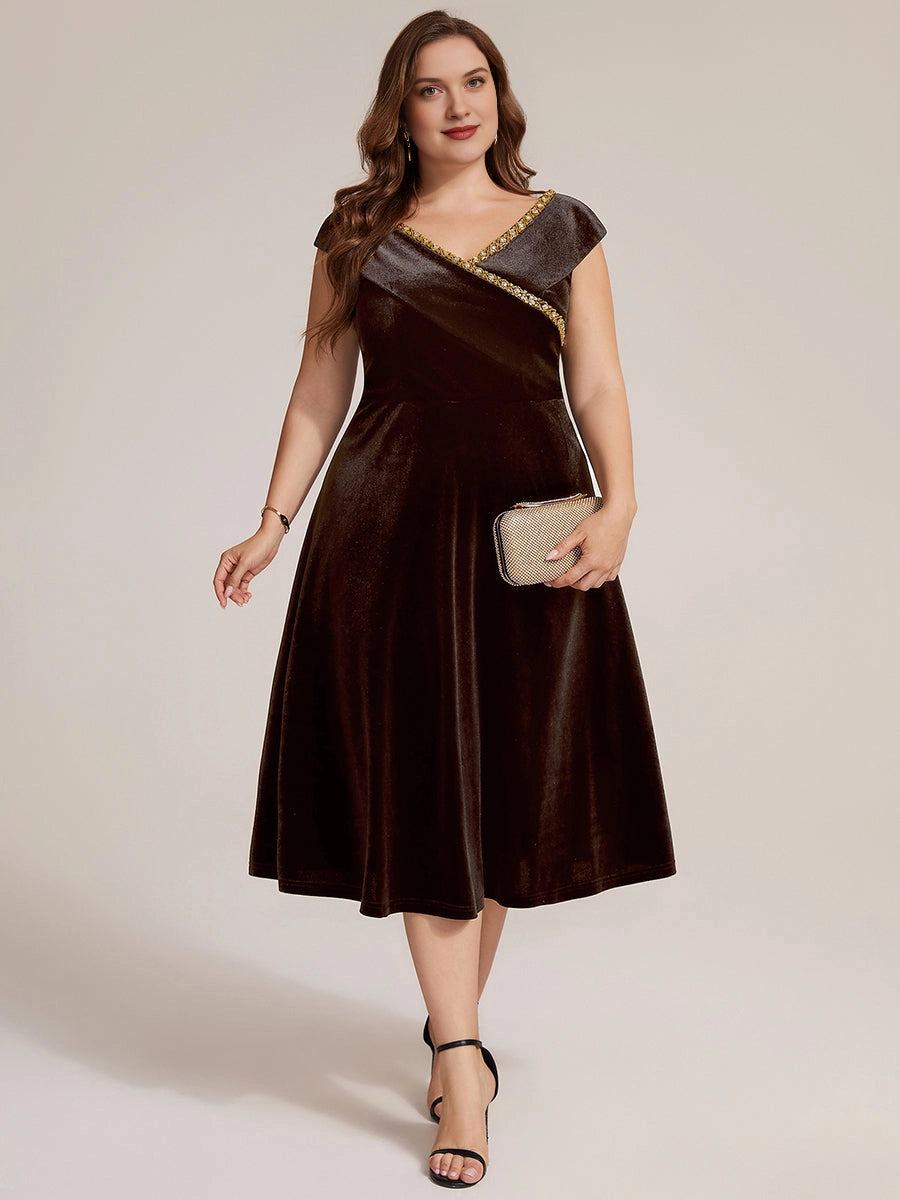 Plus Size Navy Velvet A-Line V-Neck Cap Sleeve Tea-Length Wedding Guest Dress