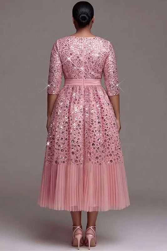 Roselledress sequin tulle mother of the bride dress plus size back zipper waist sash A-line midi gown back view