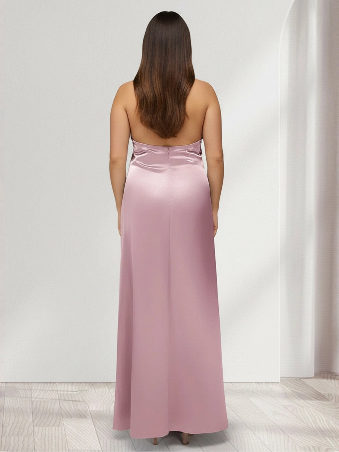 Roselledress dusty rose column bridesmaid dress back view, open back zipper closure halter satin plus size evening dress