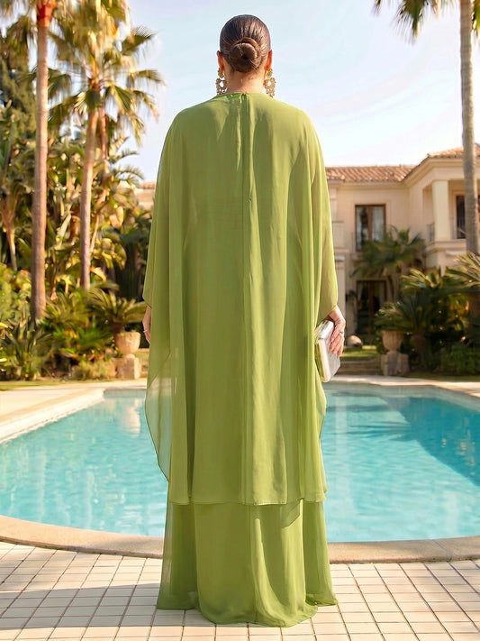 Roselledress olive green chiffon formal gown back view, zip back plus size mother of bride floor length mermaid dress