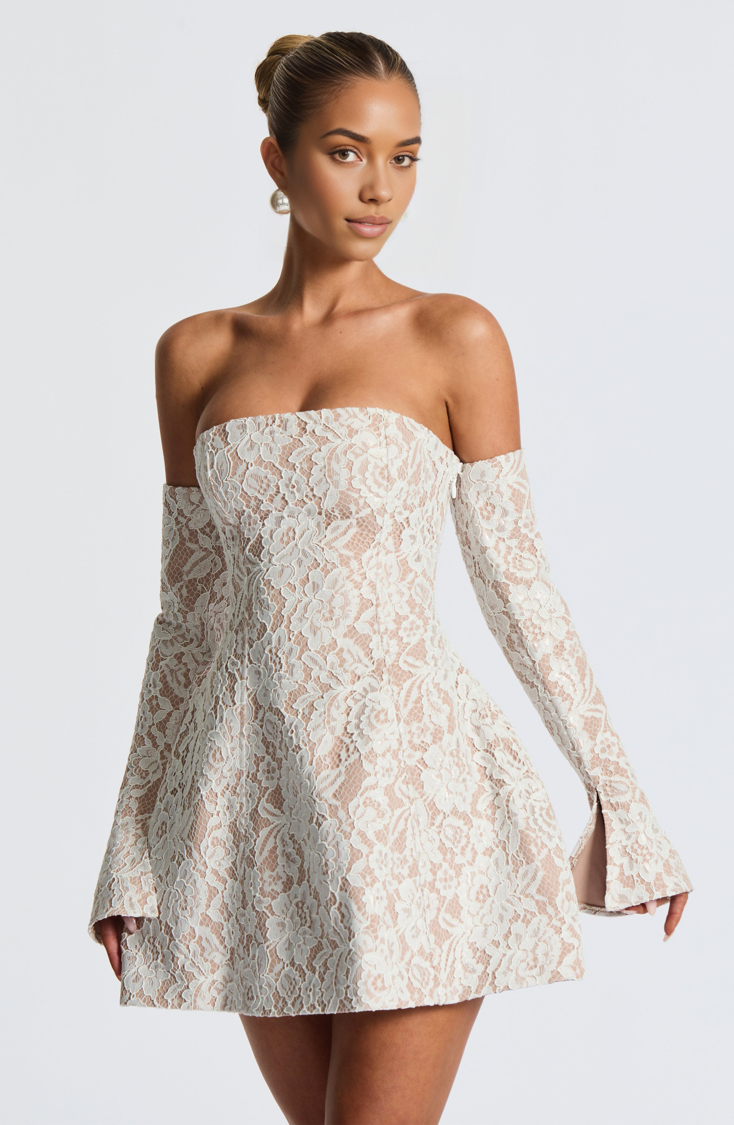 FitFlare ALine Strapless LongSleeve LaceUpBack Mini homecoming dress
