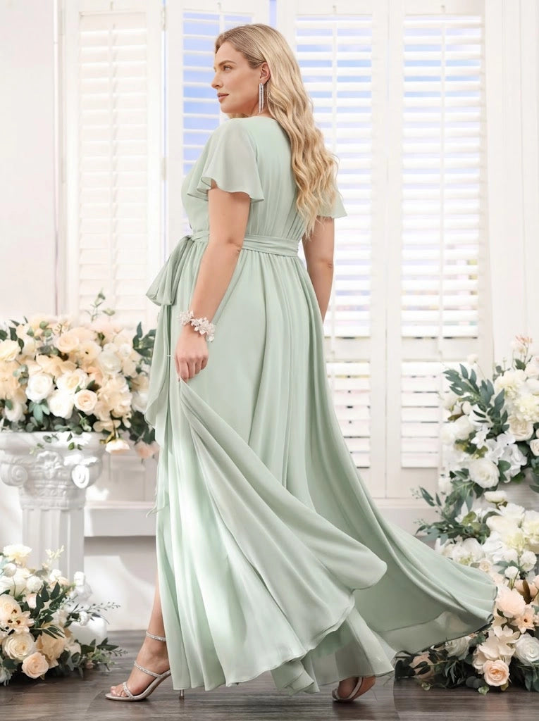 Roselledress sage green chiffon bridesmaid dress side view, flowy plus size long formal dress with waist sash tie