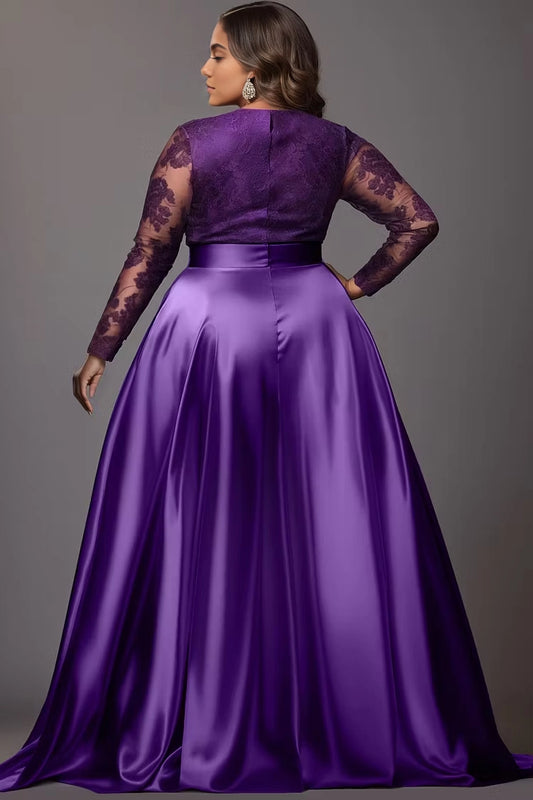 Roselledress violet a-line prom dress lace back zipper plus size satin train party gown back view