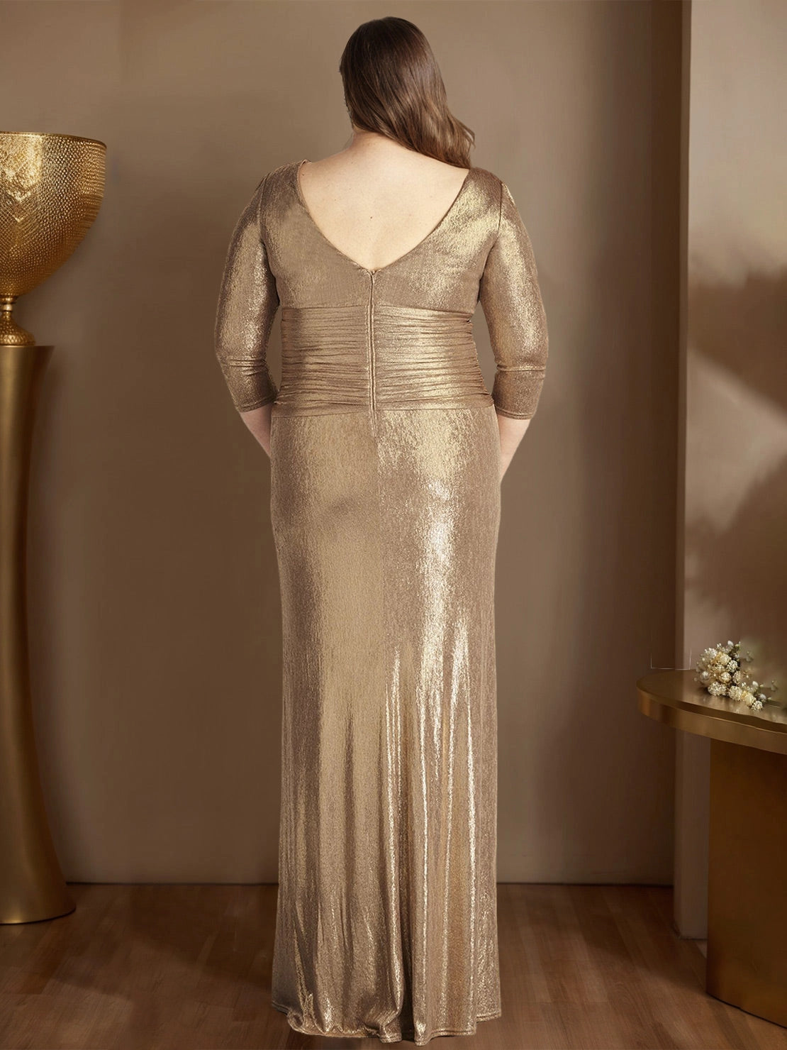 Back view RoselleDress shimmer gold evening dress ruched waist V-back floor length plus size wedding mother maxi dress