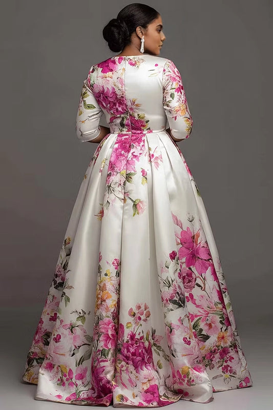 Roselledress floral satin mother of bride gown plus size square back zipper formal wedding guest maxi dress back view