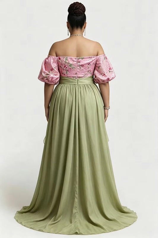 Back view RoselleDress floral off shoulder mermaid dress zipper back long green chiffon sash train plus size wedding guest formal gown