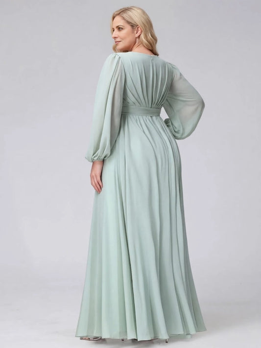 Back view RoselleDress sage long sleeve chiffon evening dress ruched back invisible zipper floor length plus size wedding guest maxi dress