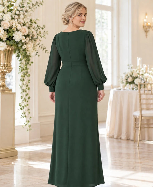 Back view of an A-line mother of the bride dress with long sleeves and zipper closure