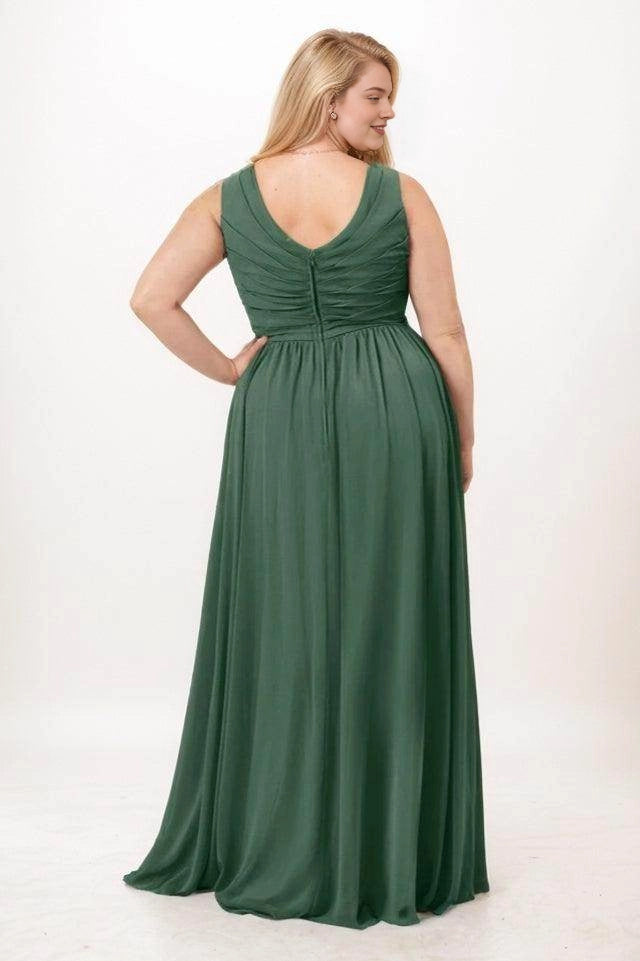 Dark green chiffon bridesmaid dress with a ruched V-back, wide shoulder straps, center-back zipper and flowing long skirt, back view.