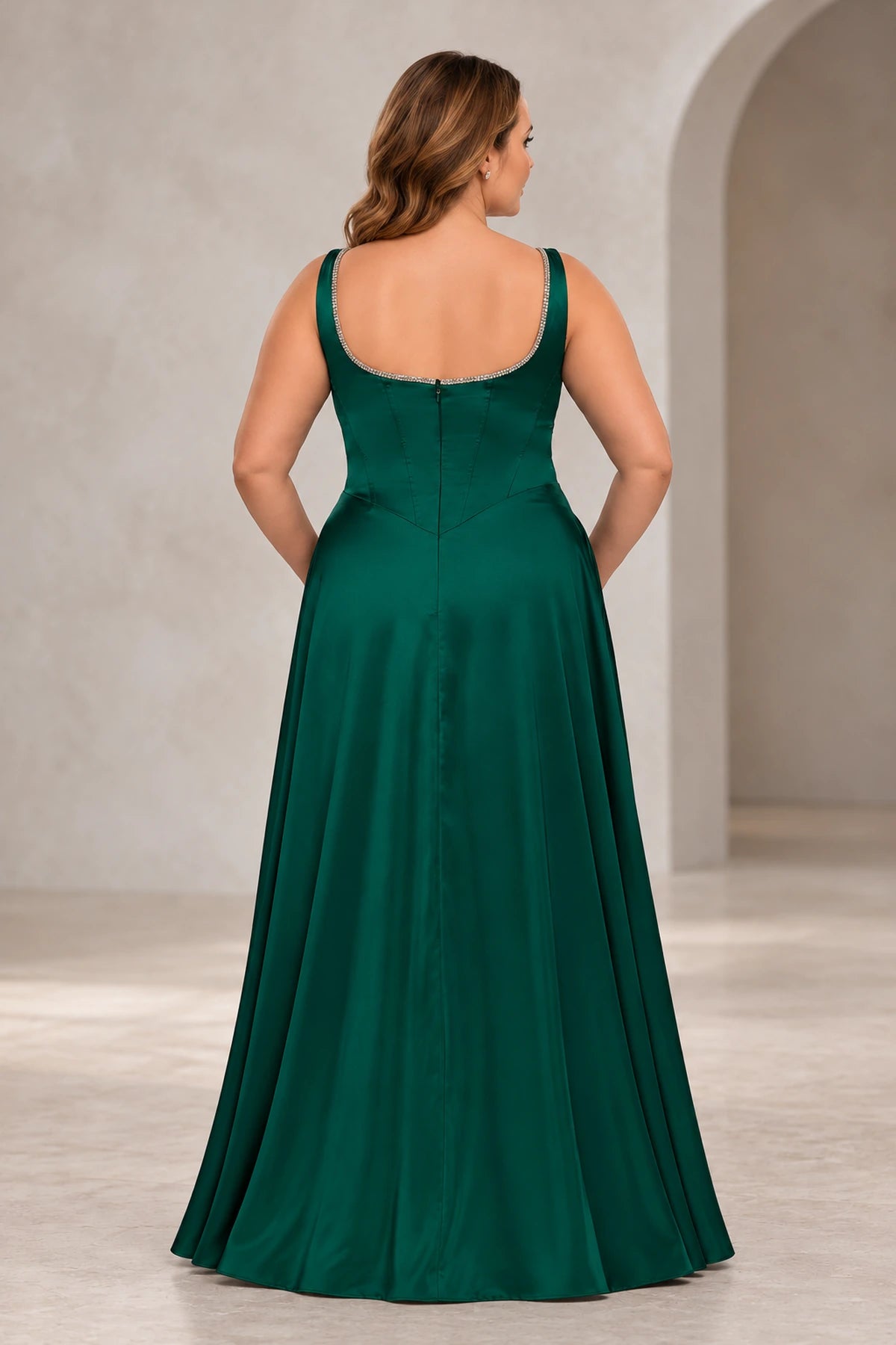 Plus Size Elegant Satin A-Line Square-Neck Sleeveless Scoop-Back Floor-Length Prom Dress