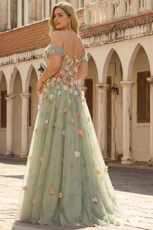 Plus size floral wedding guest dress with off-shoulder open back, lace-up closure and flowing A-line skirt