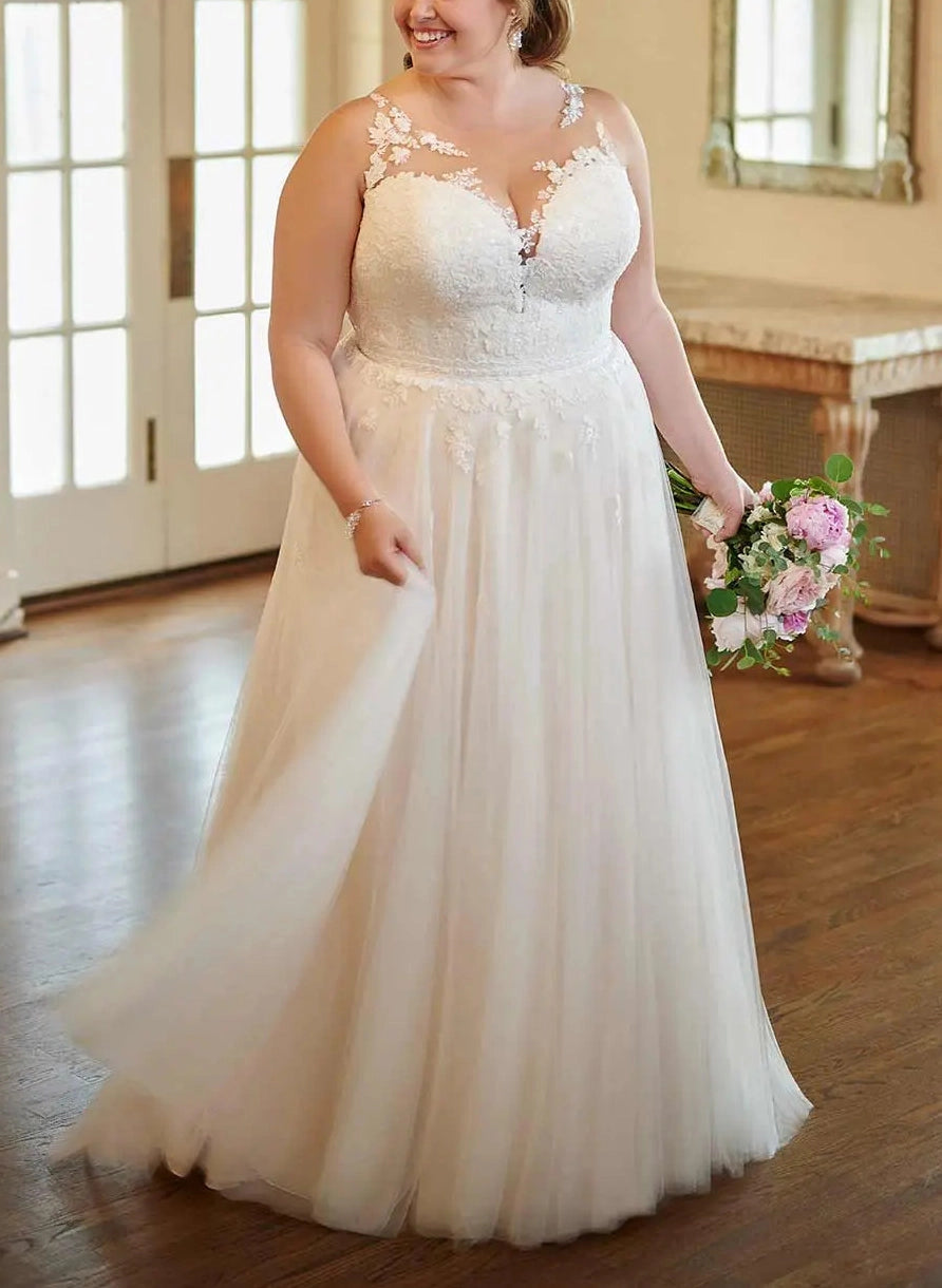 Romantic A-Line Sweetheart Sleeveless Illusion Button Back Plus Size Wedding Dress