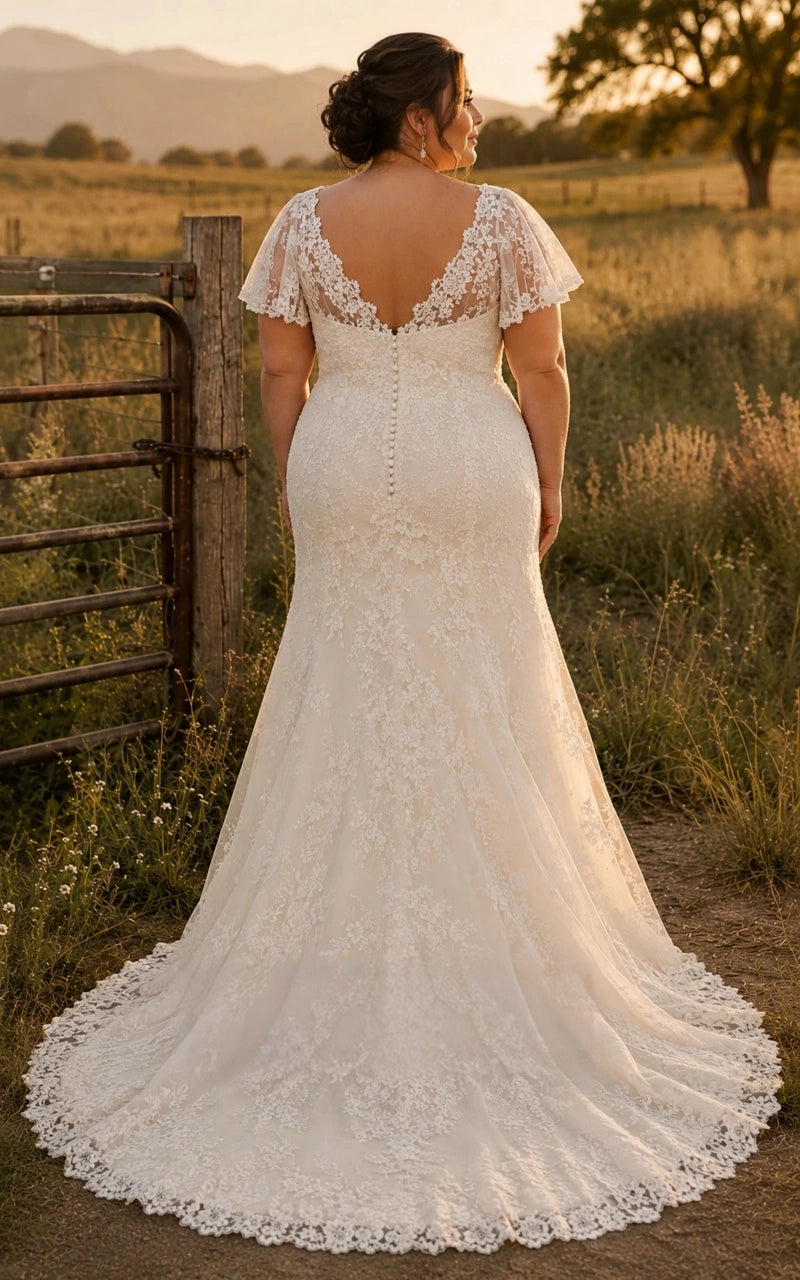 Ivory plus size mermaid wedding dress with sheer lace V-back, pearl-style buttons, floral embroidery and flowing lace train