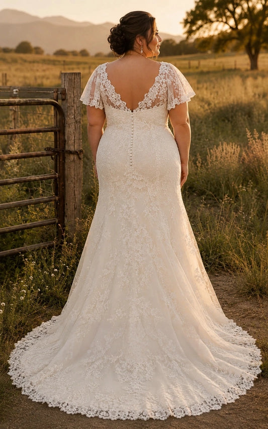 Ivory plus size mermaid wedding dress with sheer lace V-back, pearl-style buttons, floral embroidery and flowing lace train