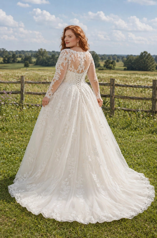 Ivory plus size lace wedding dress with illusion floral lace back, adjustable lace-up corset and romantic tulle train