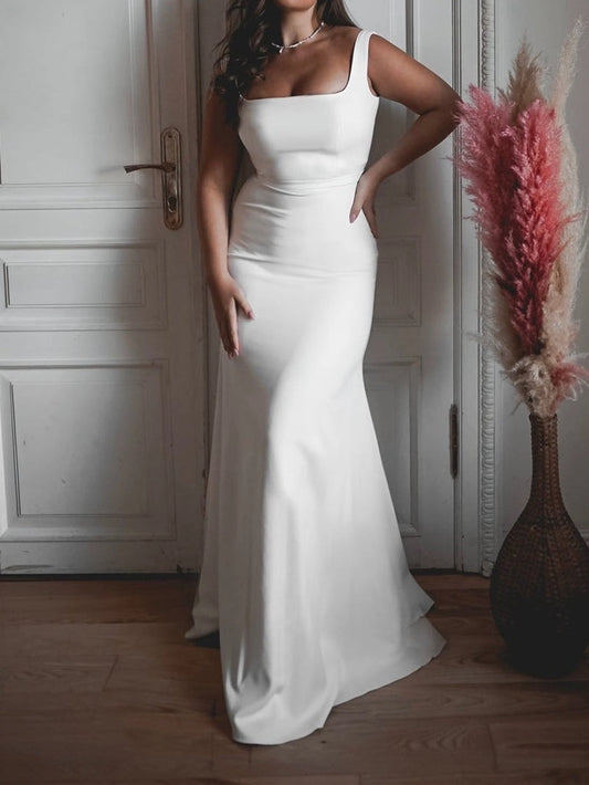Plus Size Elegant Mermaid Square Neck Off-Shoulder Floor-Length Wedding Dress