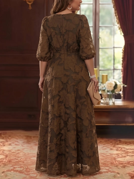 Back view of plus size brown mother of the bride dress featuring floral embroidery, puff sleeves and center zipper closure.