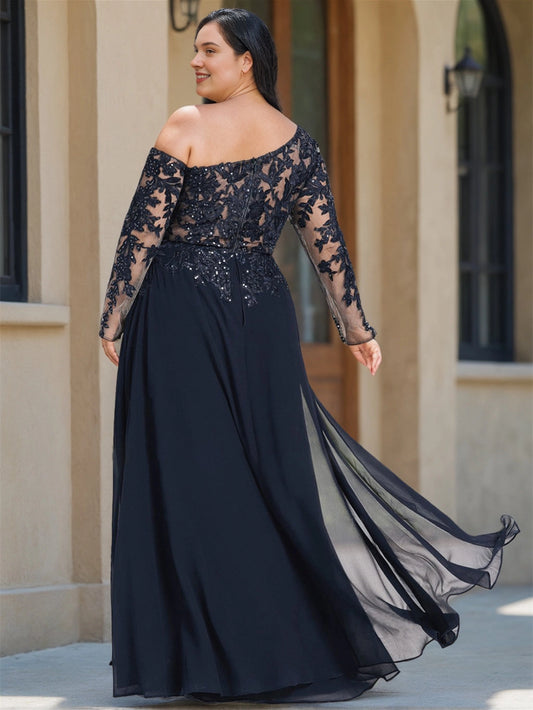 Navy blue plus size evening gown back view, off the shoulder neckline, beaded lace back, center back zipper, sheer long sleeves and chiffon long skirt